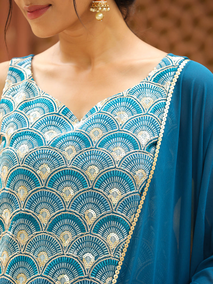 Teal Georgette Embroidered Straight Kurta with Sharara & Dupatta Set  - By Janasya