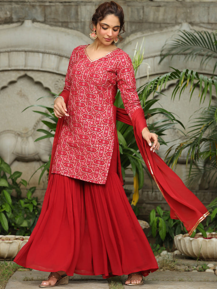 Red Georgette Embroidered Straight Kurta with Sharara & Dupatta Set  - By Janasya