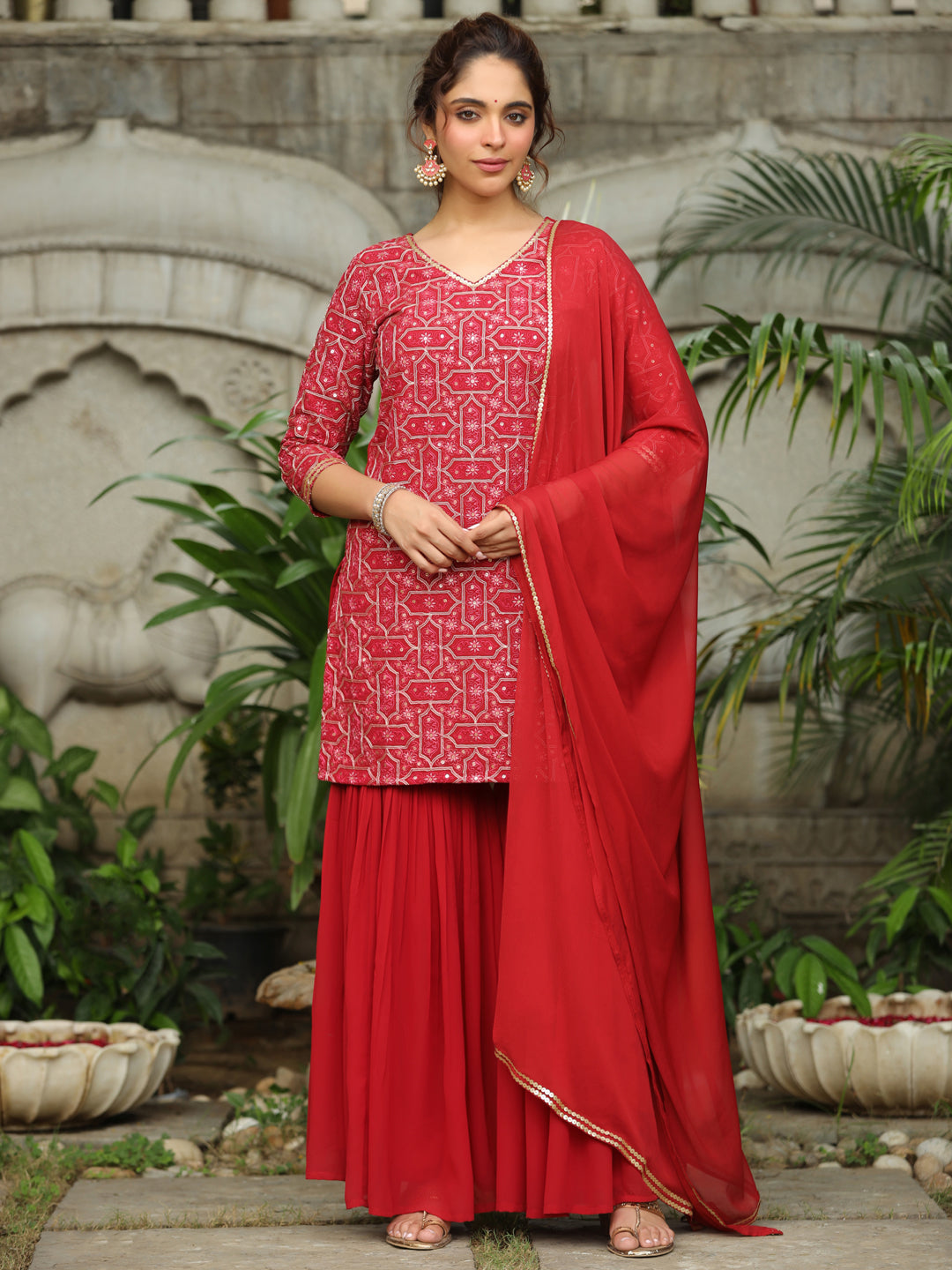 Red Georgette Embroidered Straight Kurta with Sharara & Dupatta Set  - By Janasya