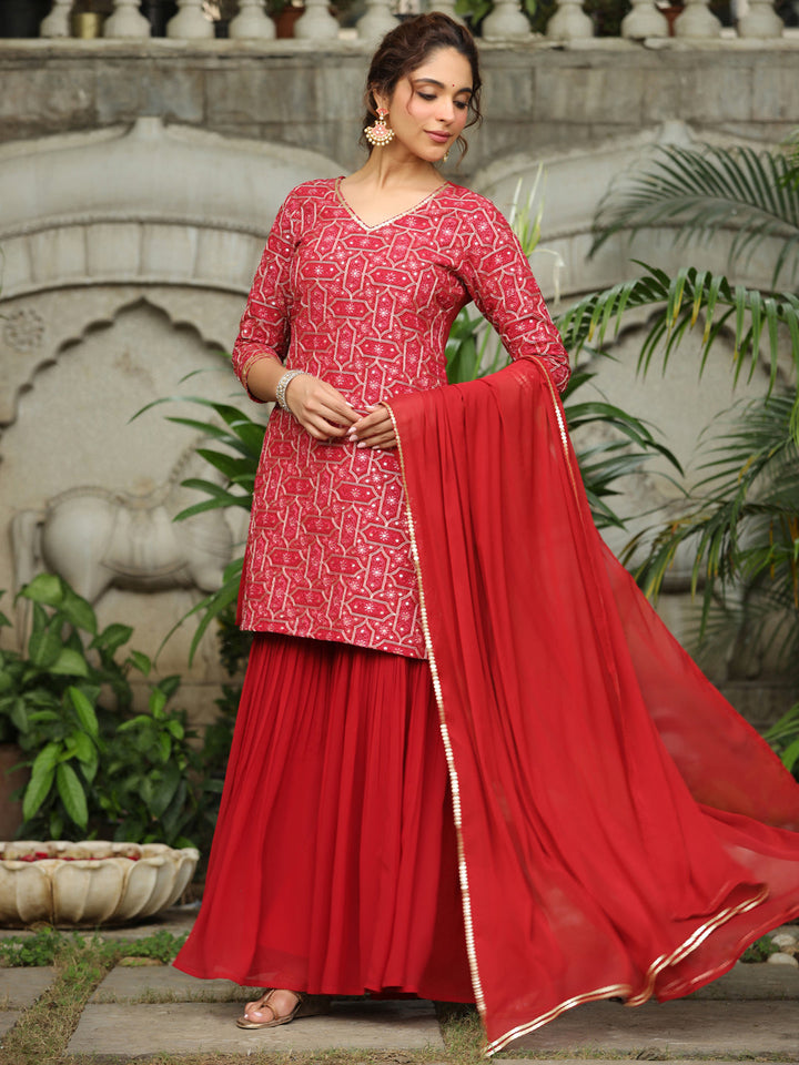 Red Georgette Embroidered Straight Kurta with Sharara & Dupatta Set  - By Janasya