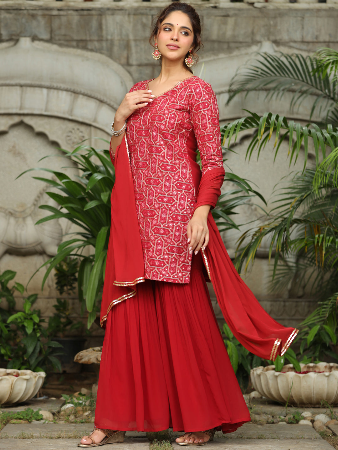 Red Georgette Embroidered Straight Kurta with Sharara & Dupatta Set  - By Janasya