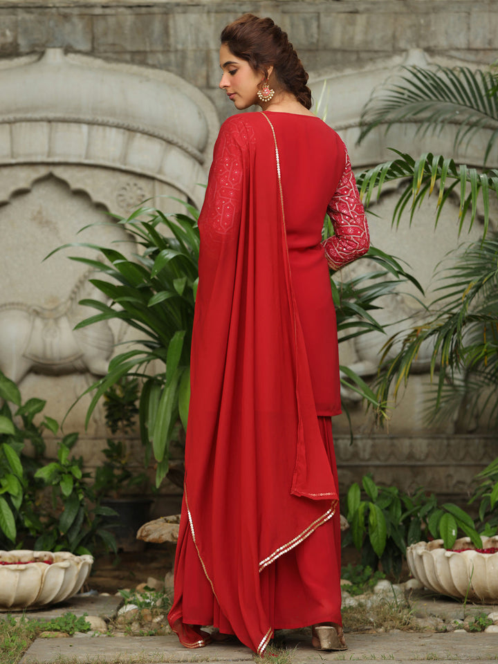 Red Georgette Embroidered Straight Kurta with Sharara & Dupatta Set  - By Janasya