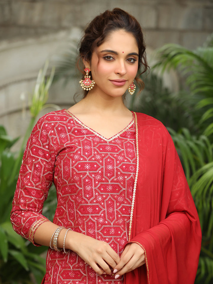 Red Georgette Embroidered Straight Kurta with Sharara & Dupatta Set  - By Janasya