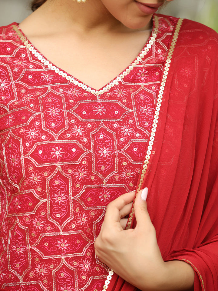 Red Georgette Embroidered Straight Kurta with Sharara & Dupatta Set  - By Janasya