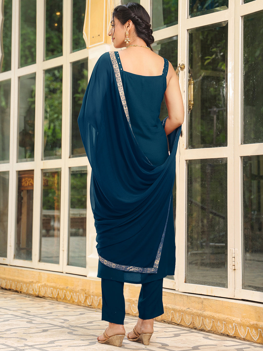 Janasya Women's Teal Blue Rayon Foil Printed Straight Kurta Set - qivii