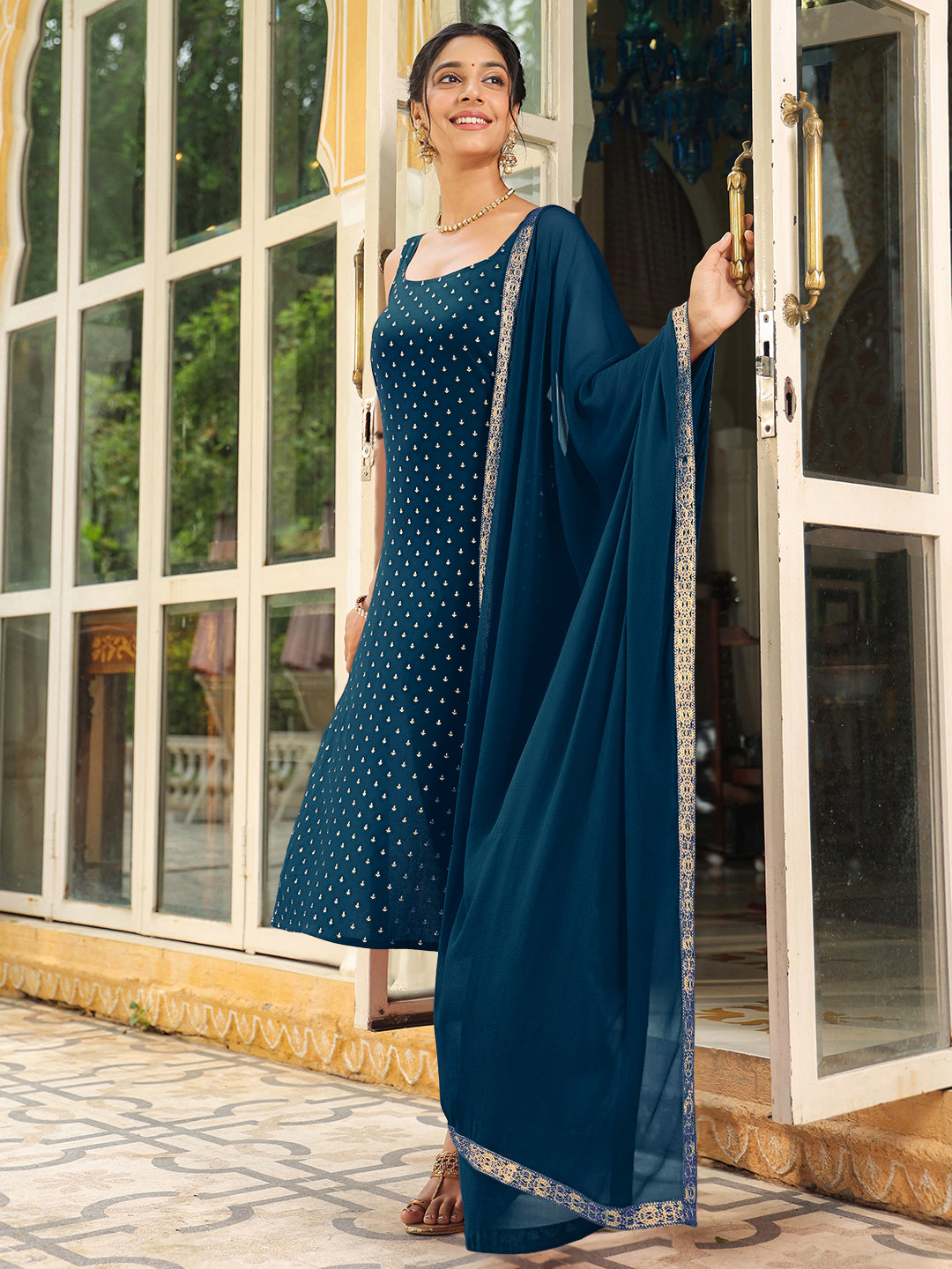 Janasya Women's Teal Blue Rayon Foil Printed Straight Kurta Set - qivii