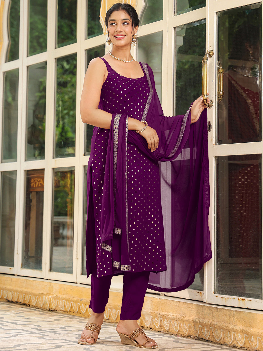 Purple Rayon Foil Printed Straight Kurta Set - qivii