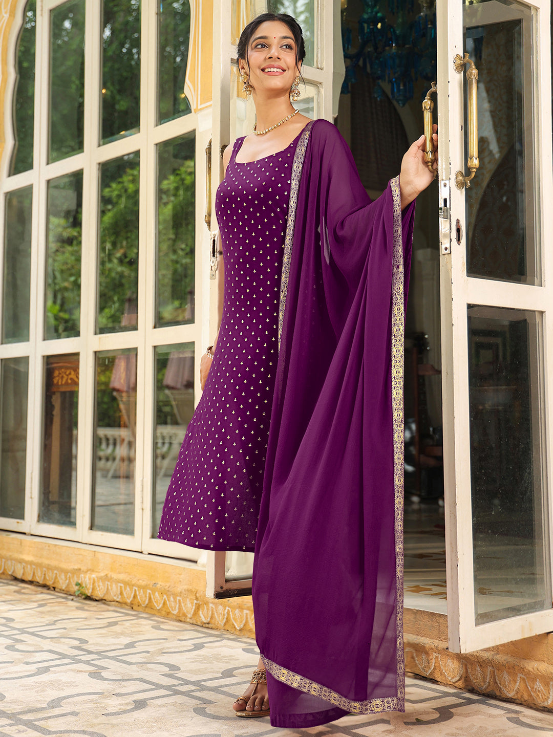 Purple Rayon Foil Printed Straight Kurta Set - qivii