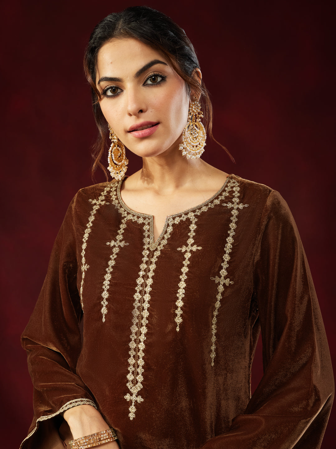 Janasya Women's Brown Velvet Zari Embroidered Straight Co-ord Set