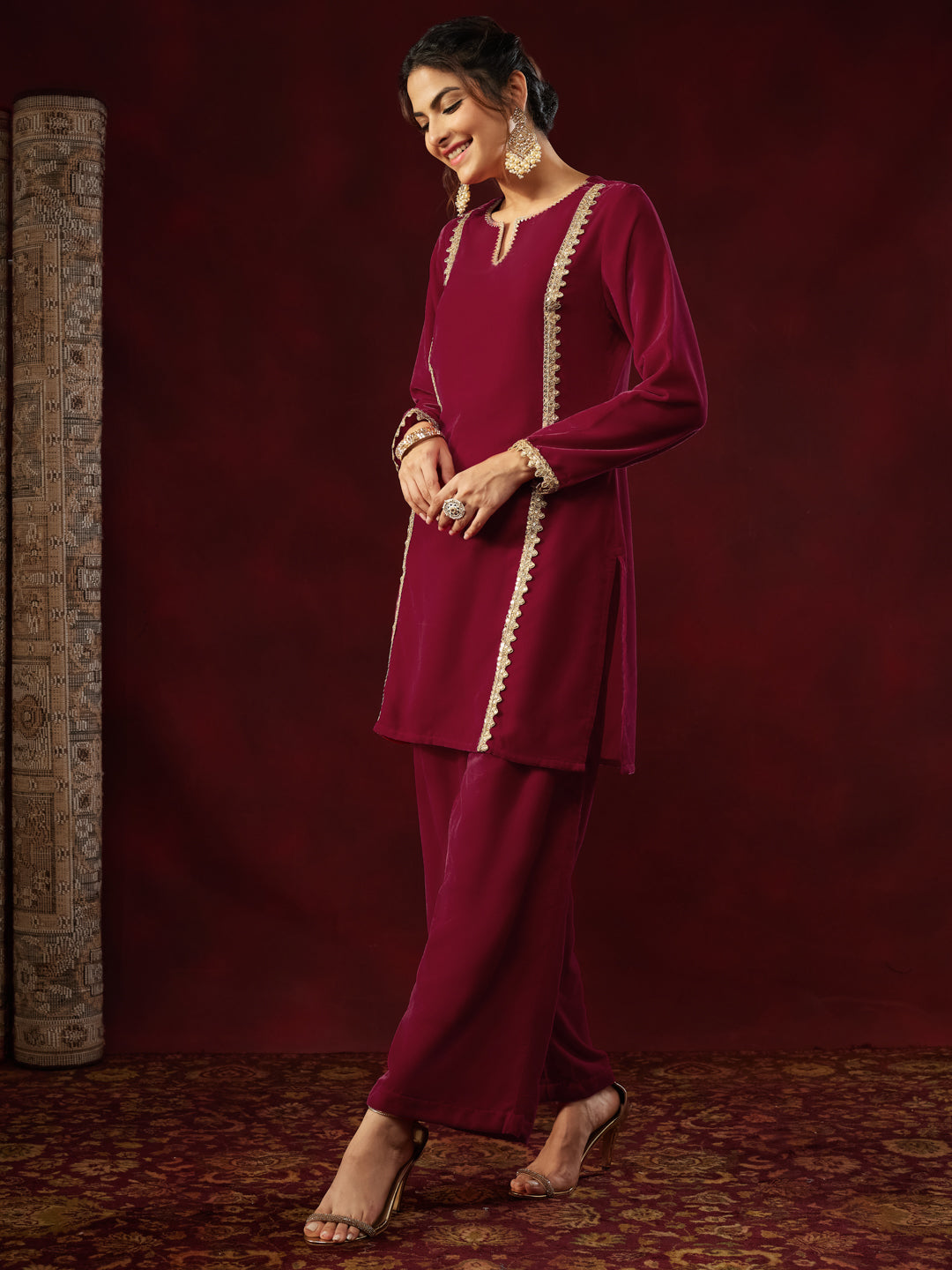 Janasya Women's Pink Velvet Embellished Straight Co-ord Set