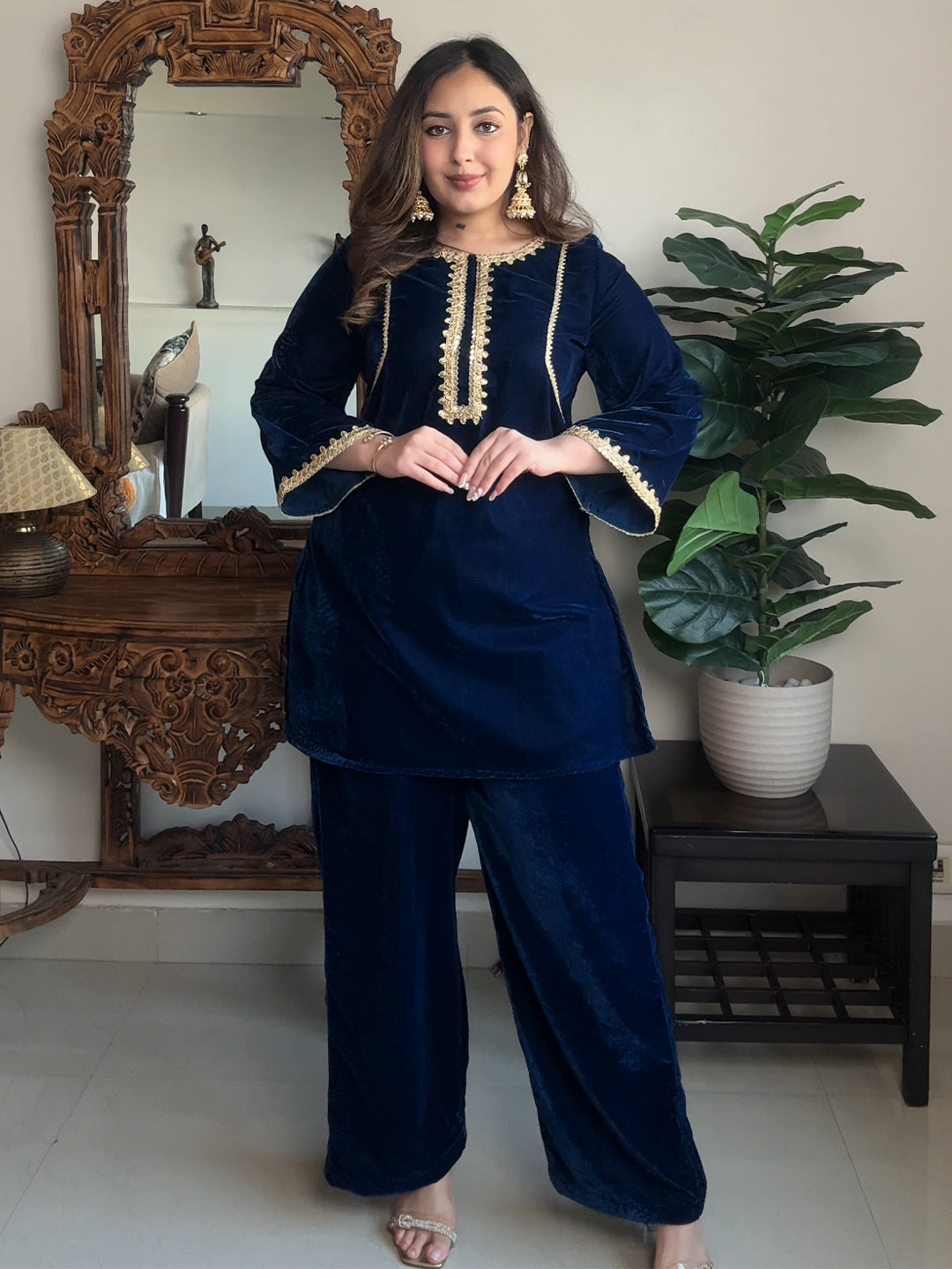 Janasya Women's Teal Blue Velvet Embellished Straight Co-ord Set
