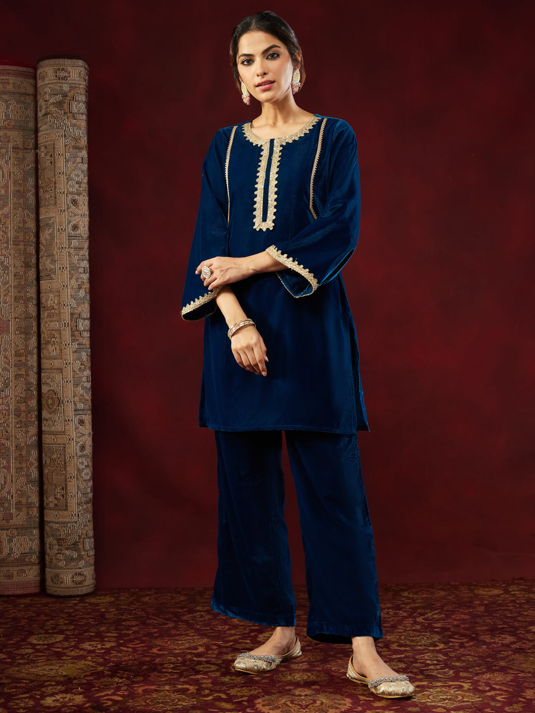 Janasya Women's Teal Blue Velvet Embellished Straight Co-ord Set