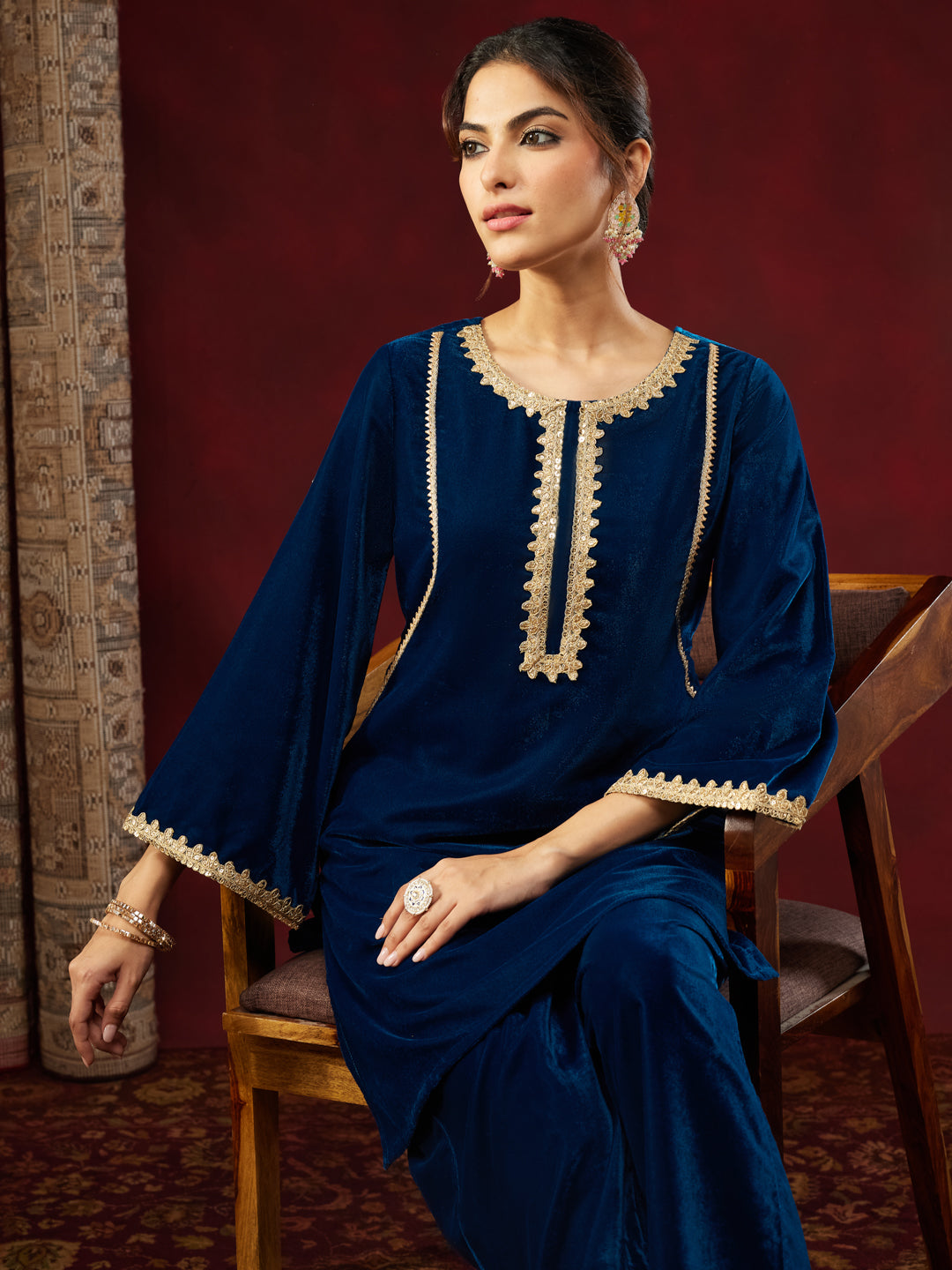 Janasya Women's Teal Blue Velvet Embellished Straight Co-ord Set