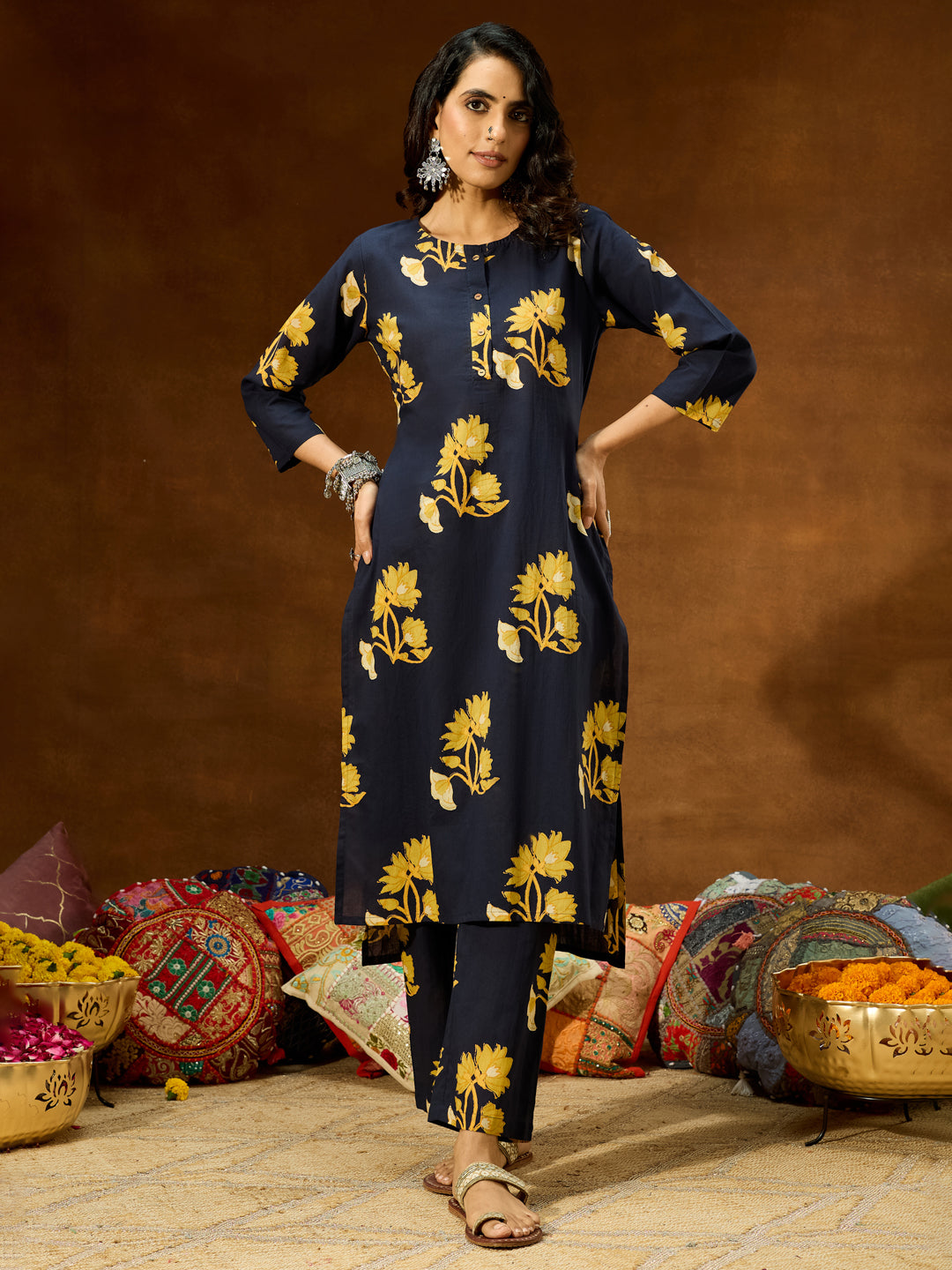 Janasya Women's Navy Blue Pure Cotton Floral Printed Straight Co-ord Set - qivii