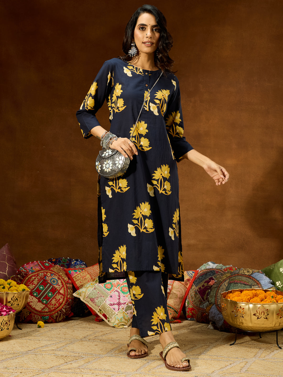 Janasya Women's Navy Blue Pure Cotton Floral Printed Straight Co-ord Set - qivii