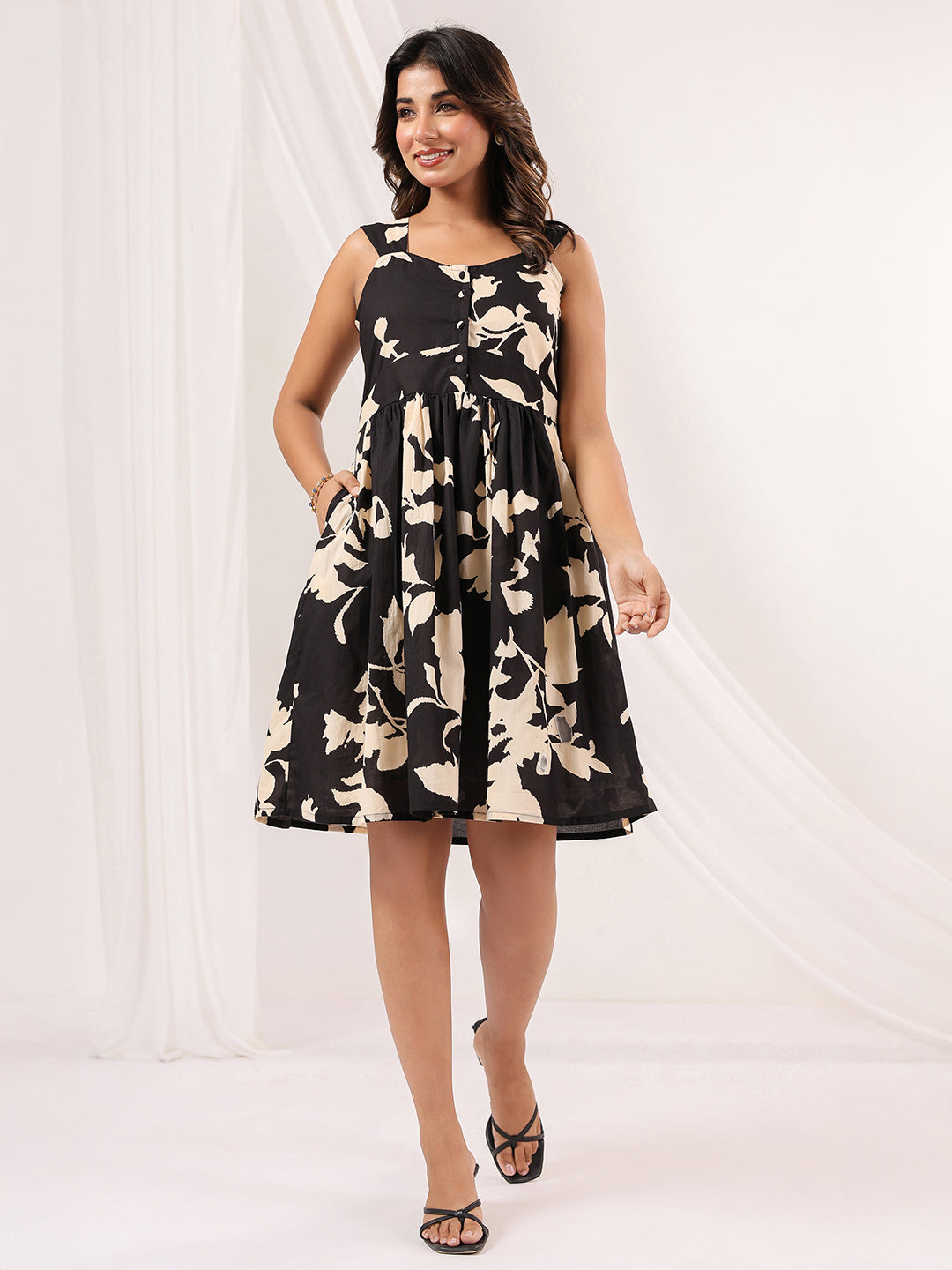 Janasya Women's Black & Cream Pure Cotton Floral Printed Fit & Flare Dress - qivii