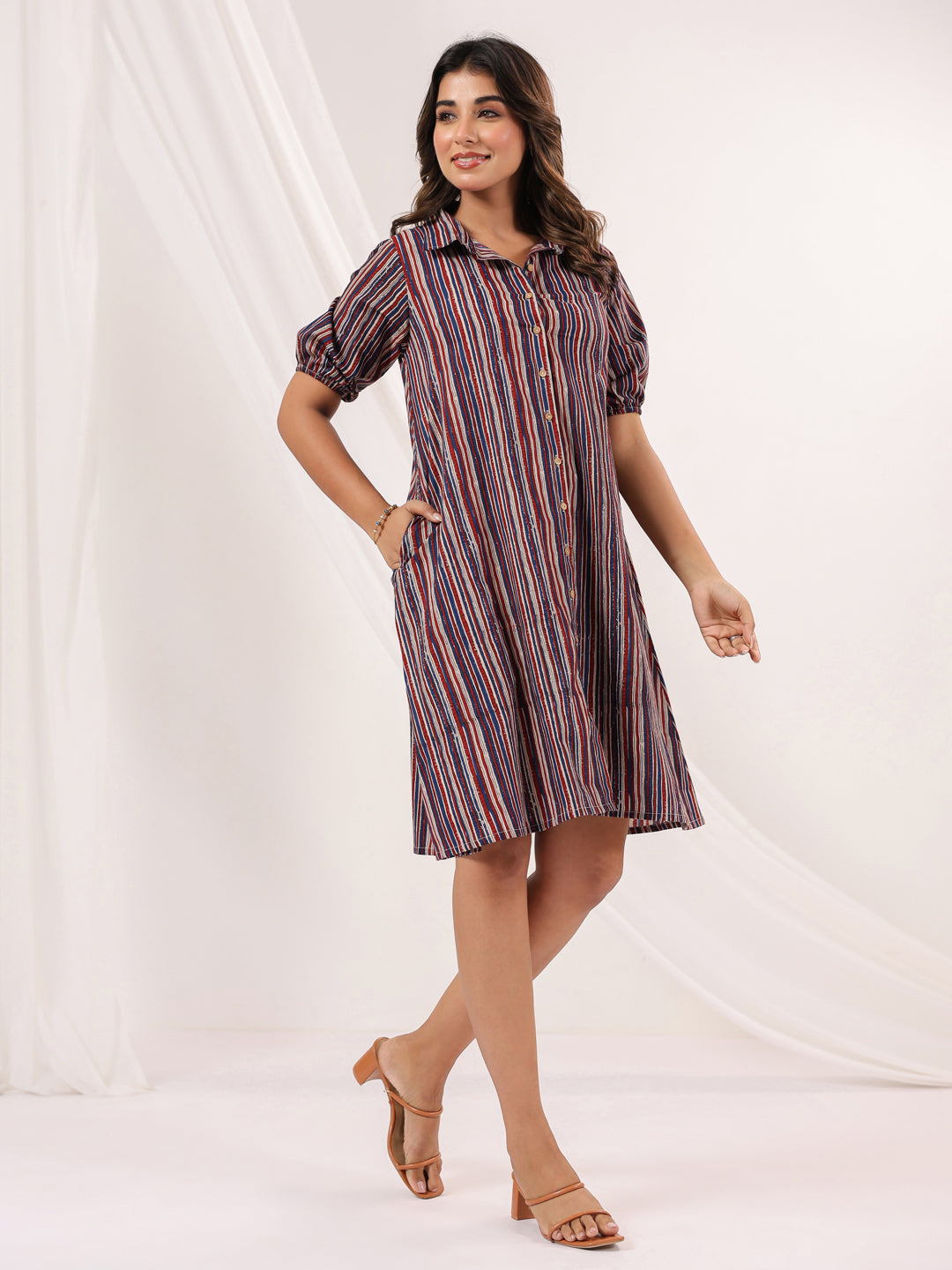 Janasya Women's Multicolor Pure Cotton Striped A-line Dress - qivii
