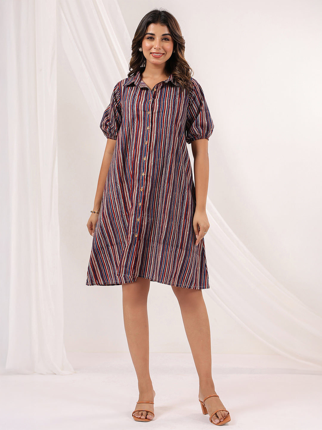 Janasya Women's Multicolor Pure Cotton Striped A-line Dress - qivii