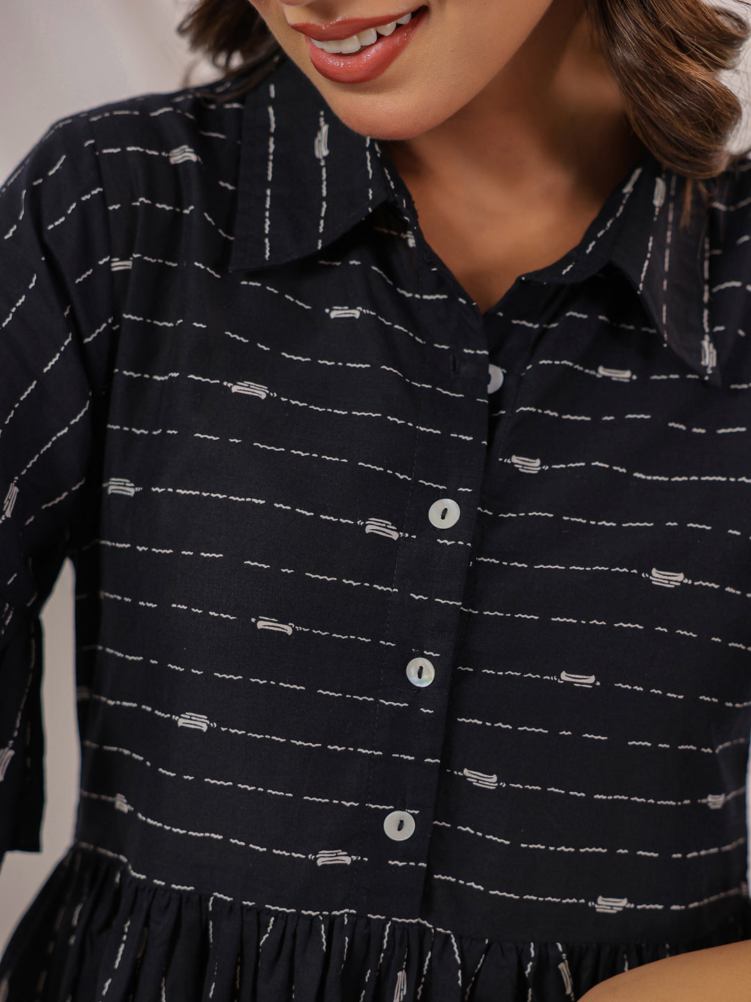 Janasya Women's Black Cotton Abstract Printed A line Dress - qivii