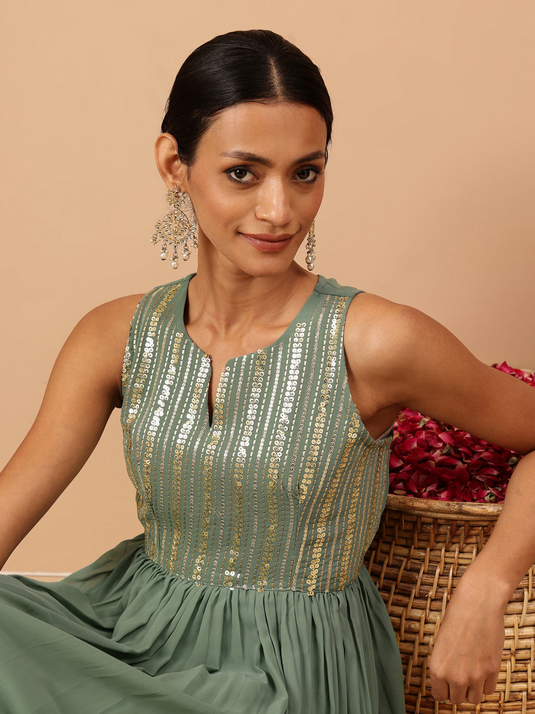 Janasya Women's Sage Green Georgette Sequined Gathered Flared Gown