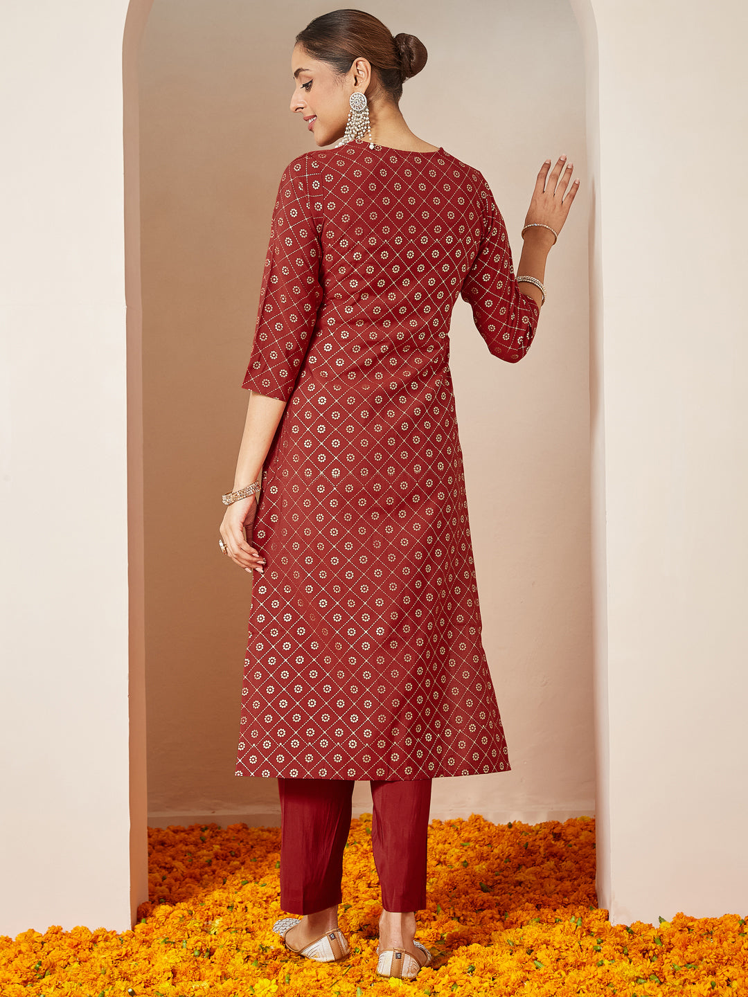 Janasya Women's Maroon Chanderi Silk Embellished Gold Printed Front Slit Kurta Pant Set - qivii