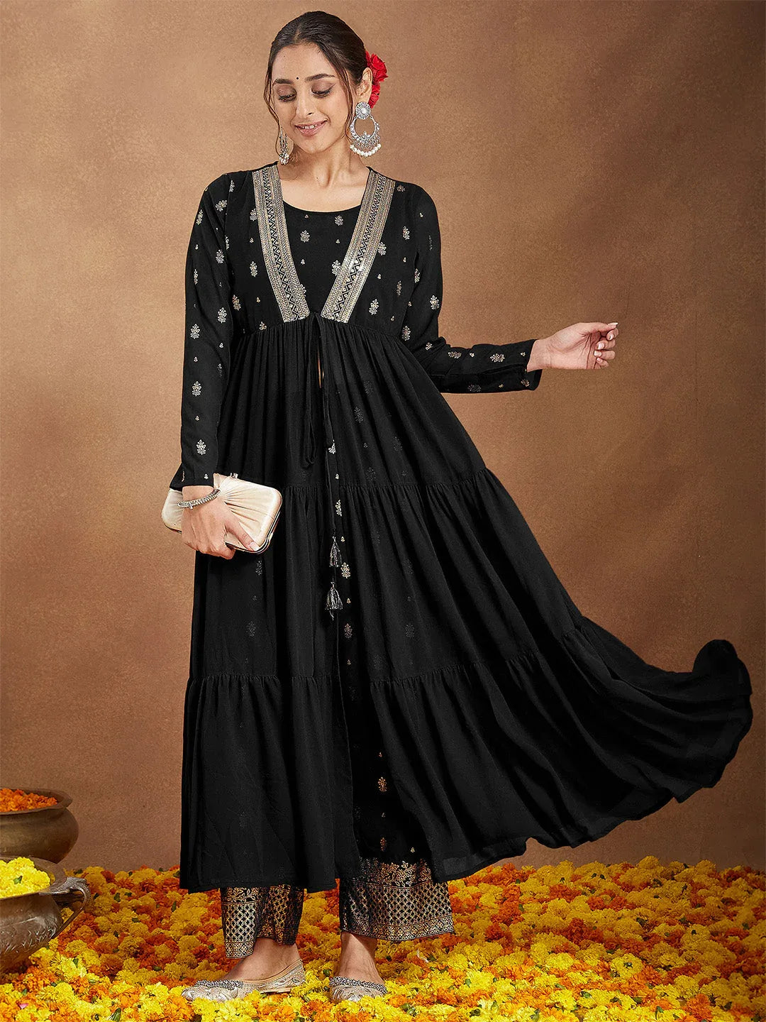 Janasya Women's Black Georgette Embellished Foil Printed Front-open Tiered Kurta Pant Set