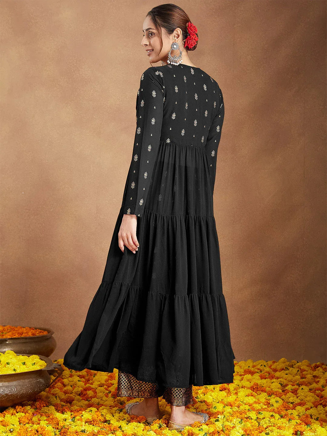 Janasya Women's Black Georgette Embellished Foil Printed Front-open Tiered Kurta Pant Set