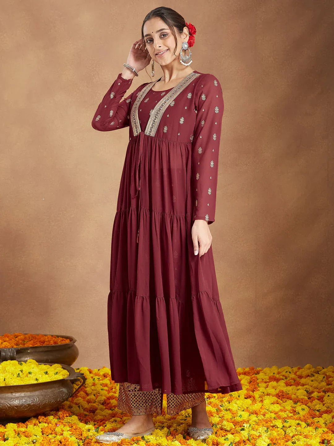 Janasya Women's Maroon Georgette Embellished Foil Printed Front-open Tiered Kurta Pant Set