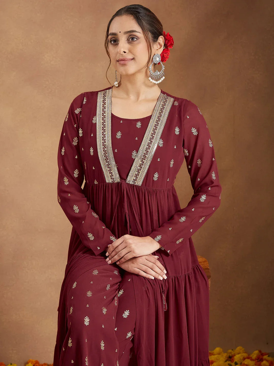 Janasya Women's Maroon Georgette Embellished Foil Printed Front-open Tiered Kurta Pant Set