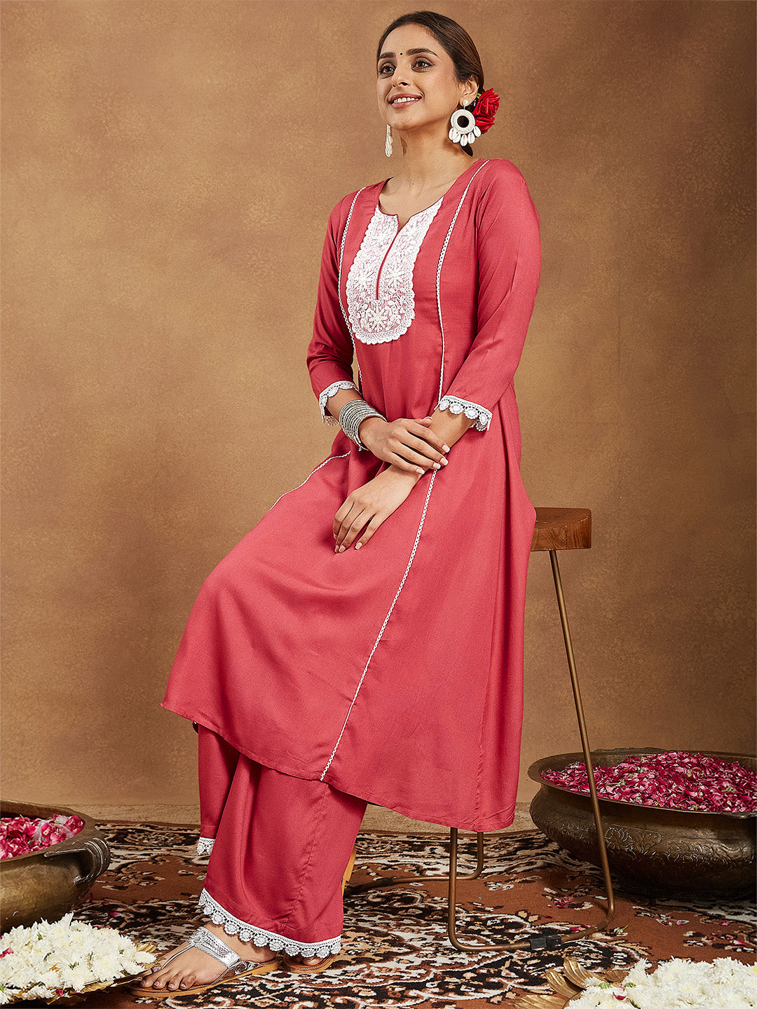 Janasya Women's Rust Rayon Yoke Embroidered A-line Kurta With Palazzo Set - qivii