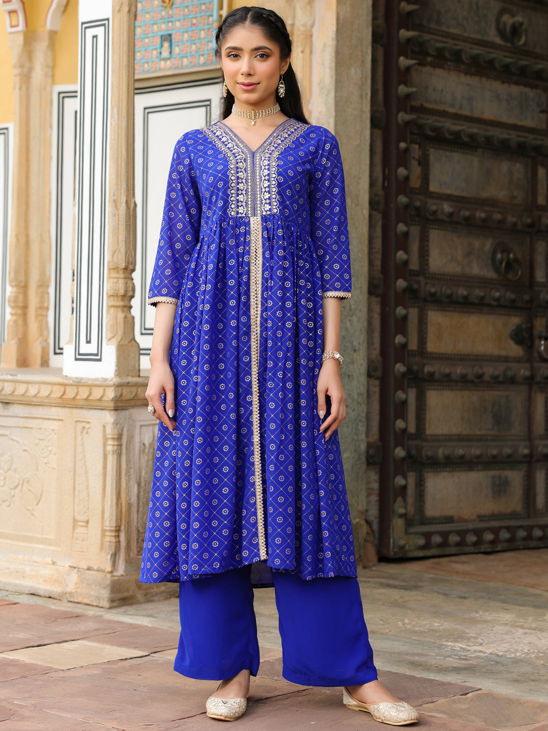 Janasya Women's Royal Blue Georgette Foil Printed Embellished A-line Front-slit Kurta With Palazzo Set - qivii