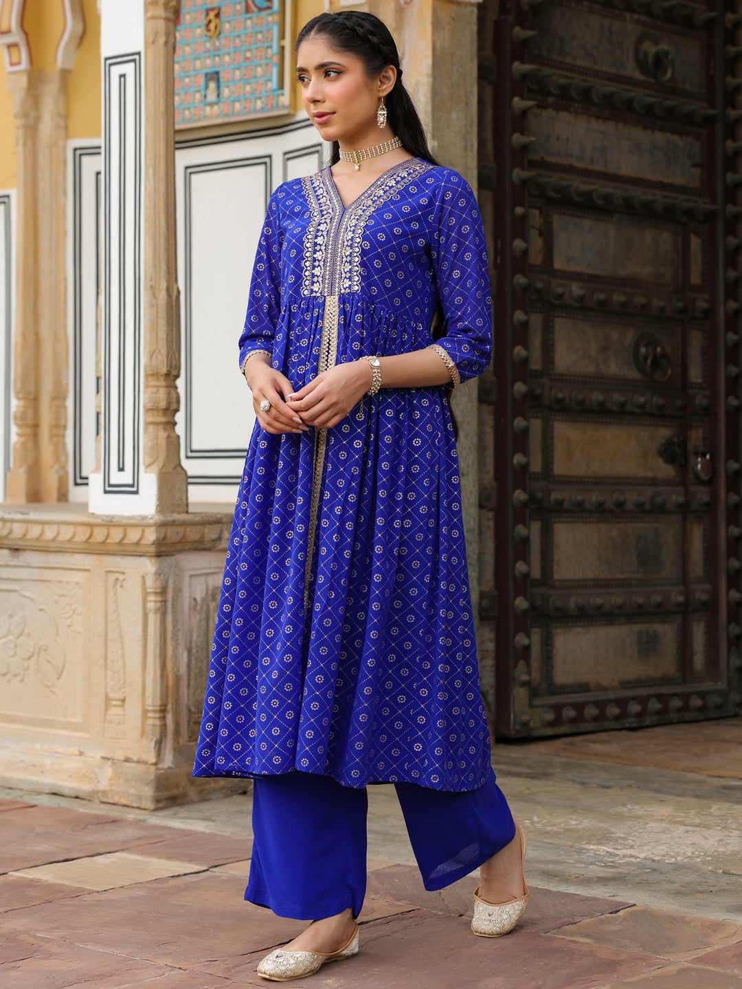 Janasya Women's Royal Blue Georgette Foil Printed Embellished A-line Front-slit Kurta With Palazzo Set - qivii