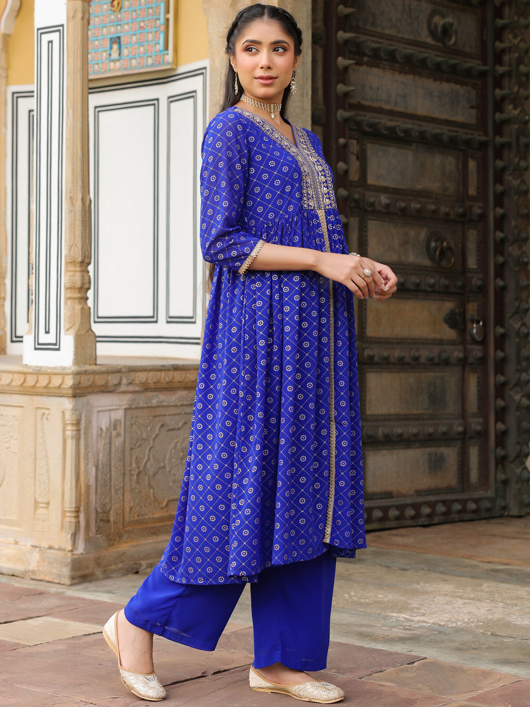Janasya Women's Royal Blue Georgette Foil Printed Embellished A-line Front-slit Kurta With Palazzo Set - qivii