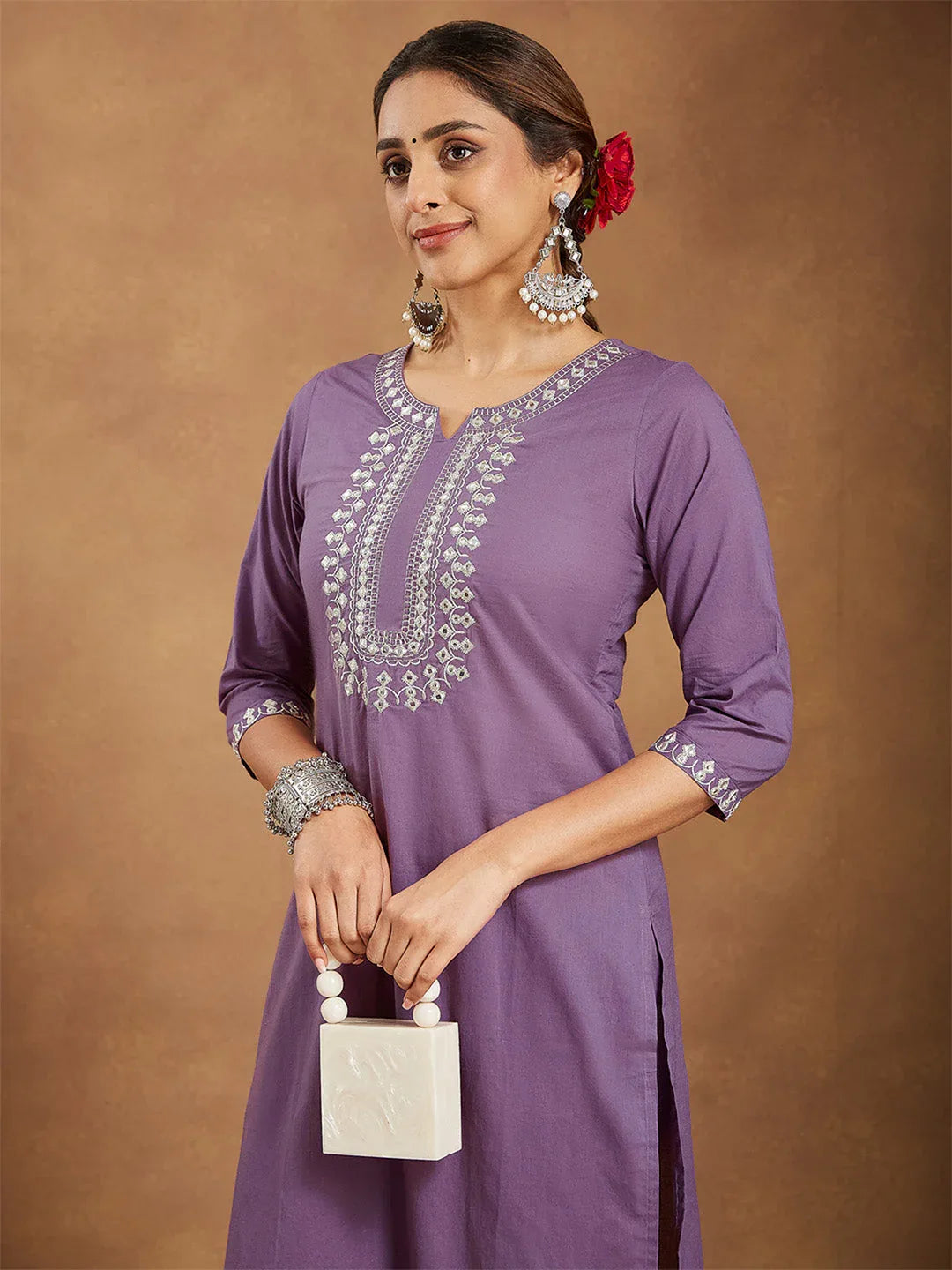 Janasya Women's Lavender Pure Cotton Yoke Embroidered Straight Kurta Pant Set