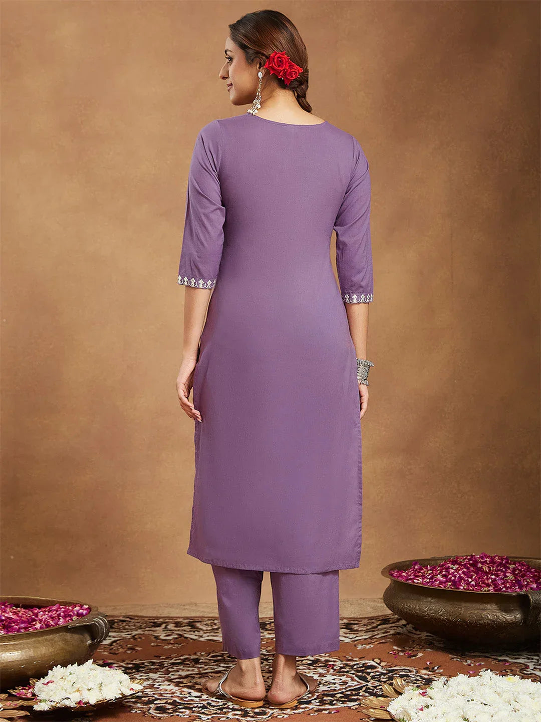 Janasya Women's Lavender Pure Cotton Yoke Embroidered Straight Kurta Pant Set