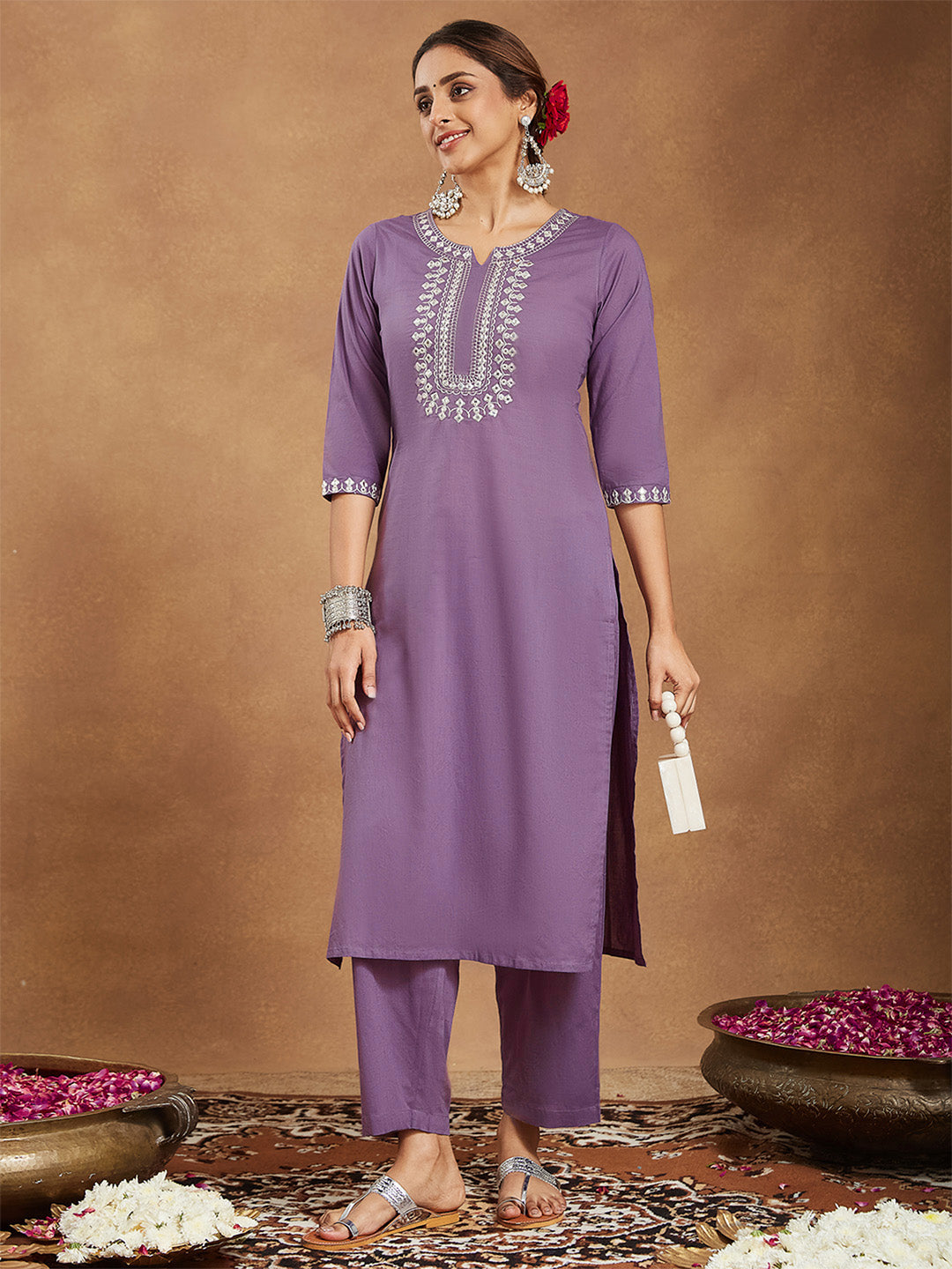 Janasya Women's Lavender Pure Cotton Yoke Embroidered Straight Kurta Pant Set - qivii