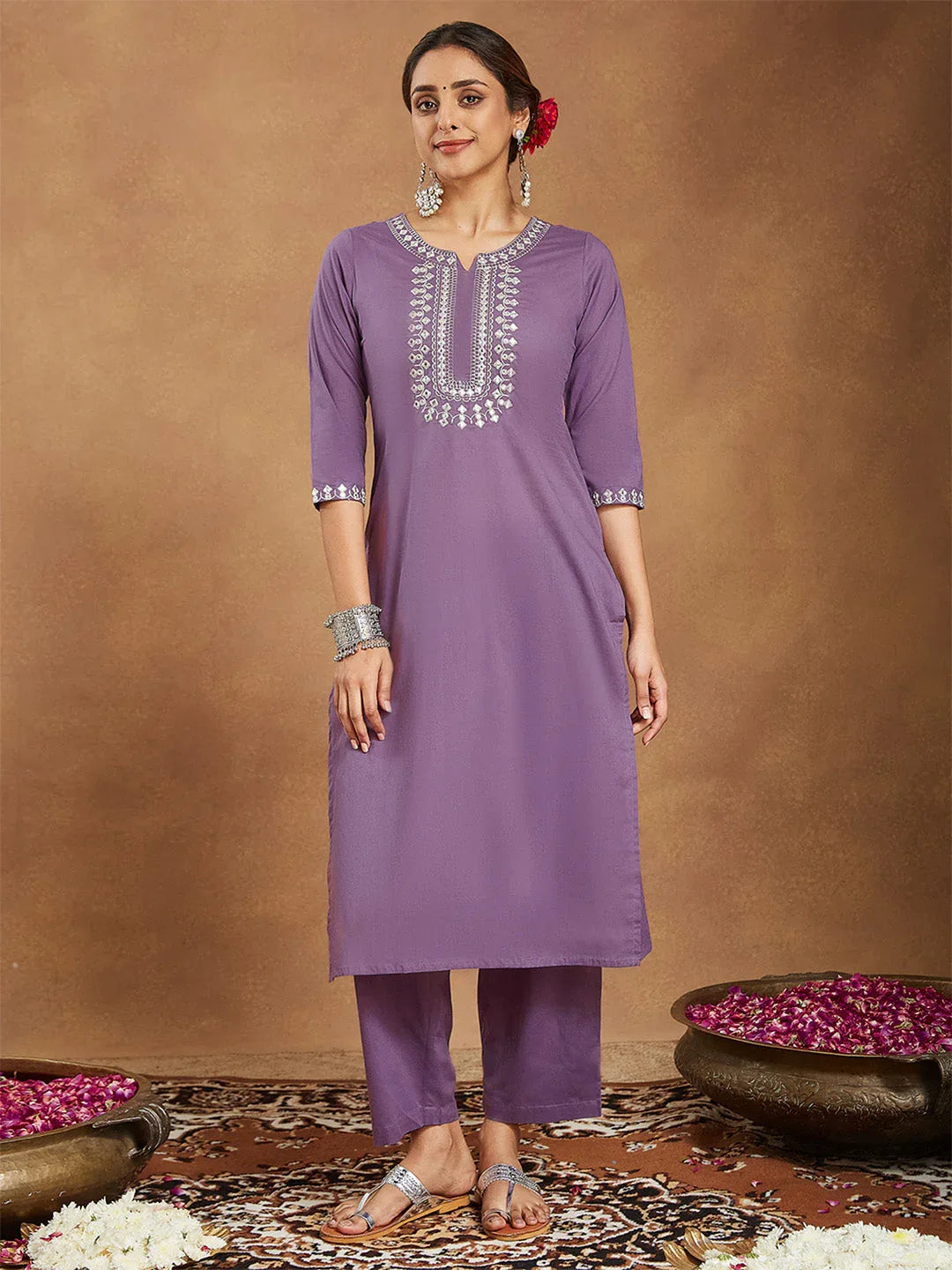 Janasya Women's Lavender Pure Cotton Yoke Embroidered Straight Kurta Pant Set