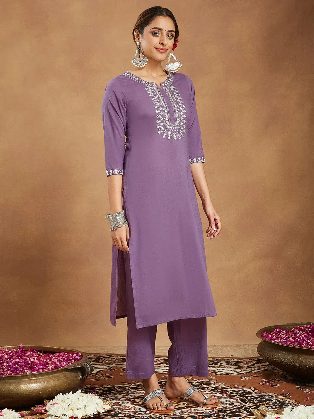 Janasya Women's Lavender Pure Cotton Yoke Embroidered Straight Kurta Pant Set