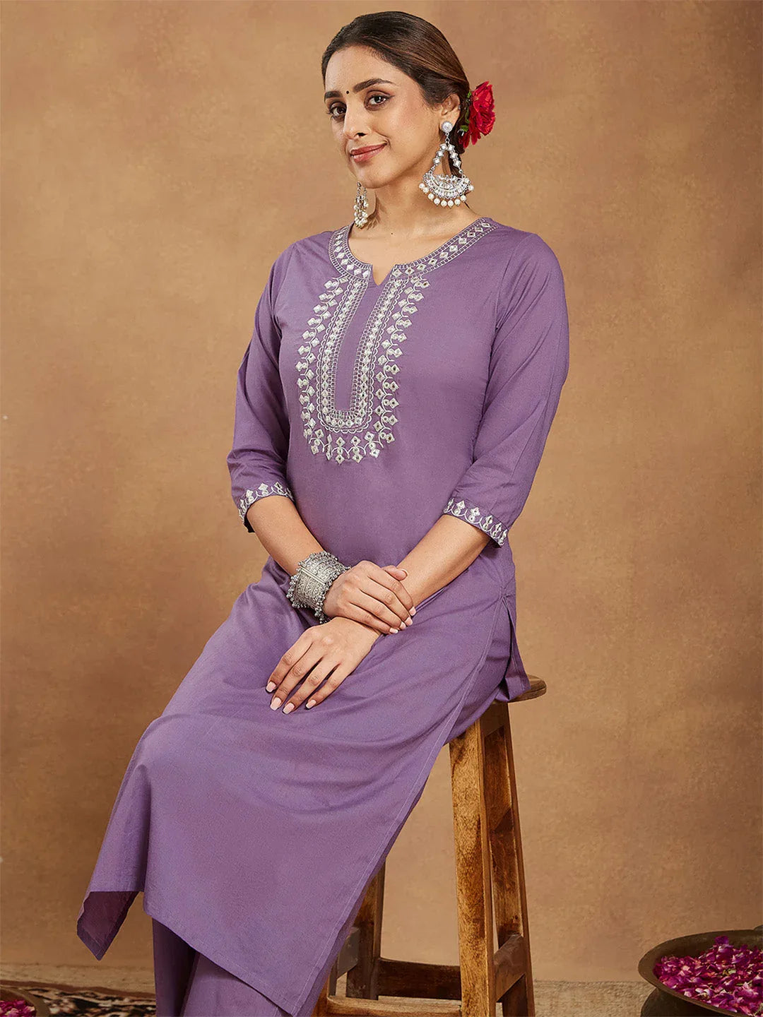 Janasya Women's Lavender Pure Cotton Yoke Embroidered Straight Kurta Pant Set