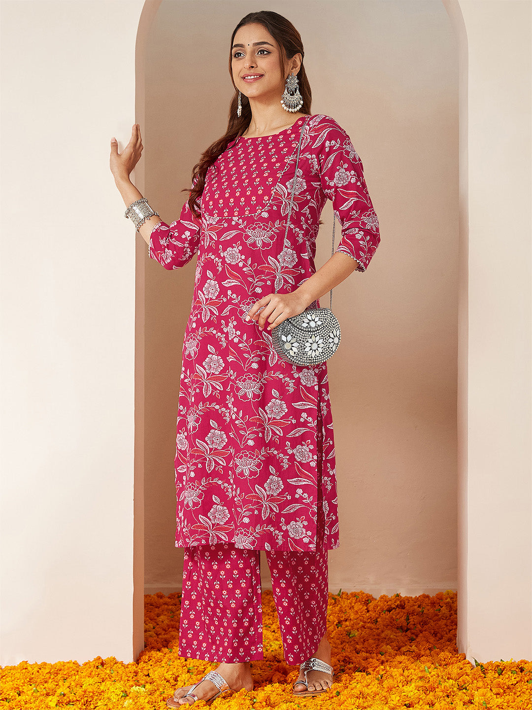 Janasya Women's Magenta Pink Pure Cotton Floral Printed Straight Kurta Pant Set - qivii