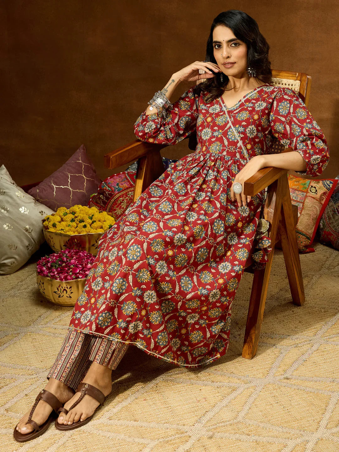 Janasya Women's Maroon Pure Cotton Floral Printed A-line Kurta Pant Set