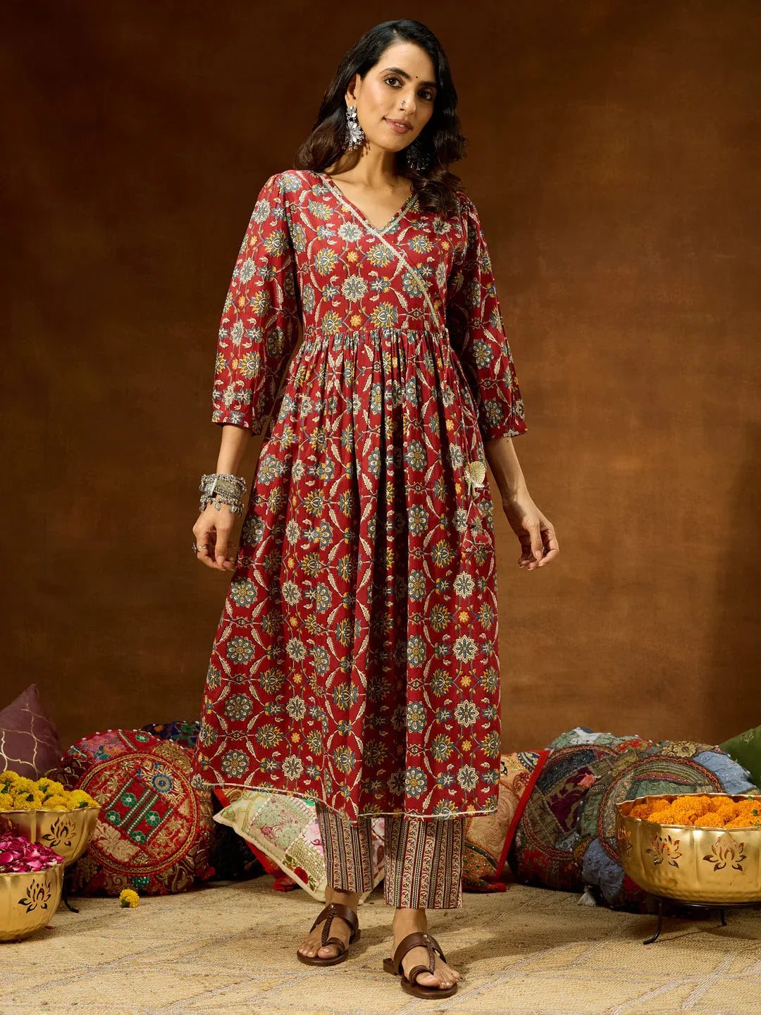 Janasya Women's Maroon Pure Cotton Floral Printed A-line Kurta Pant Set