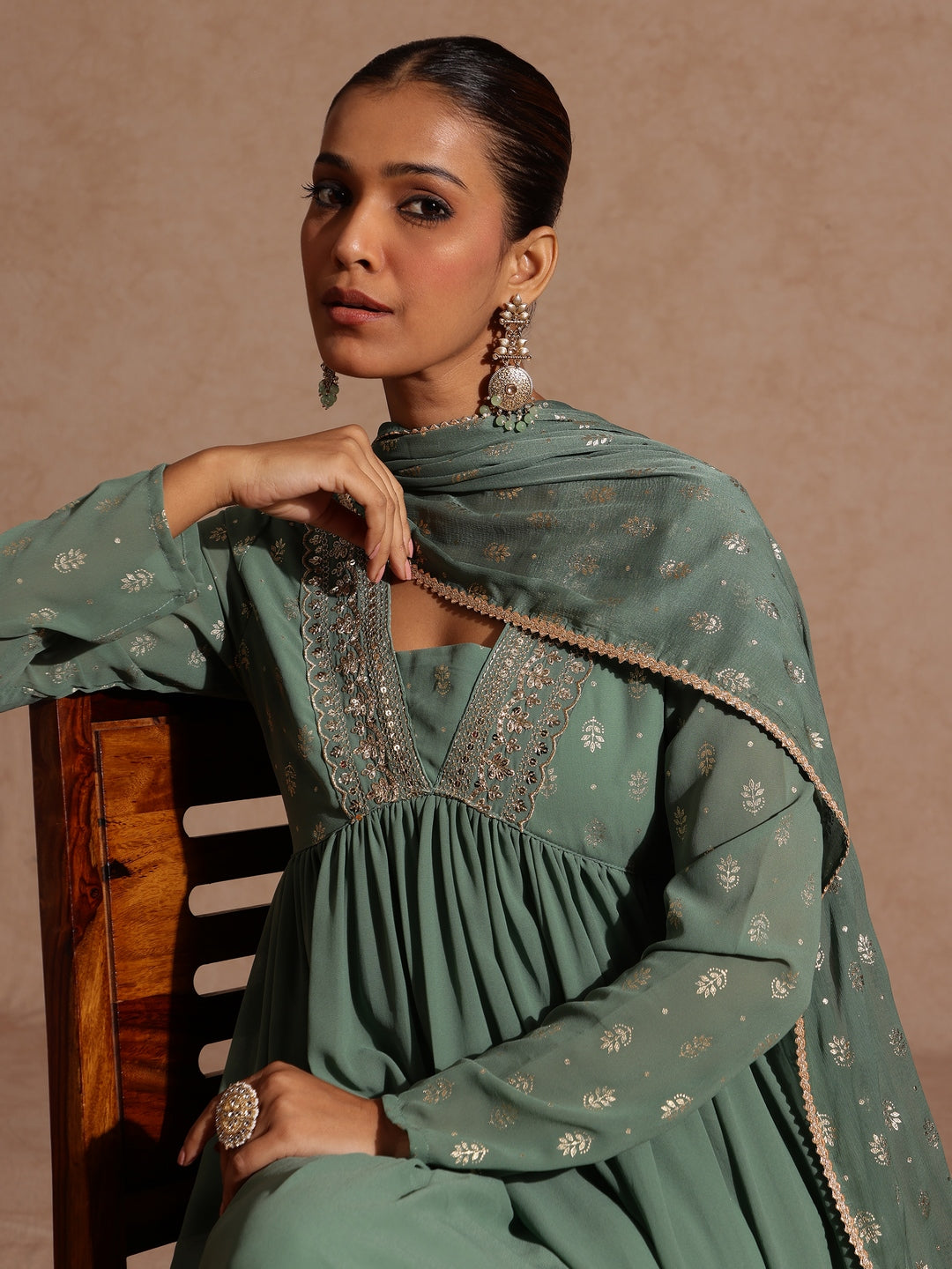 Janasya Women's Sage Green Georgette Embellished Foil Printed Gathered Kurta With Dupatta Set - qivii