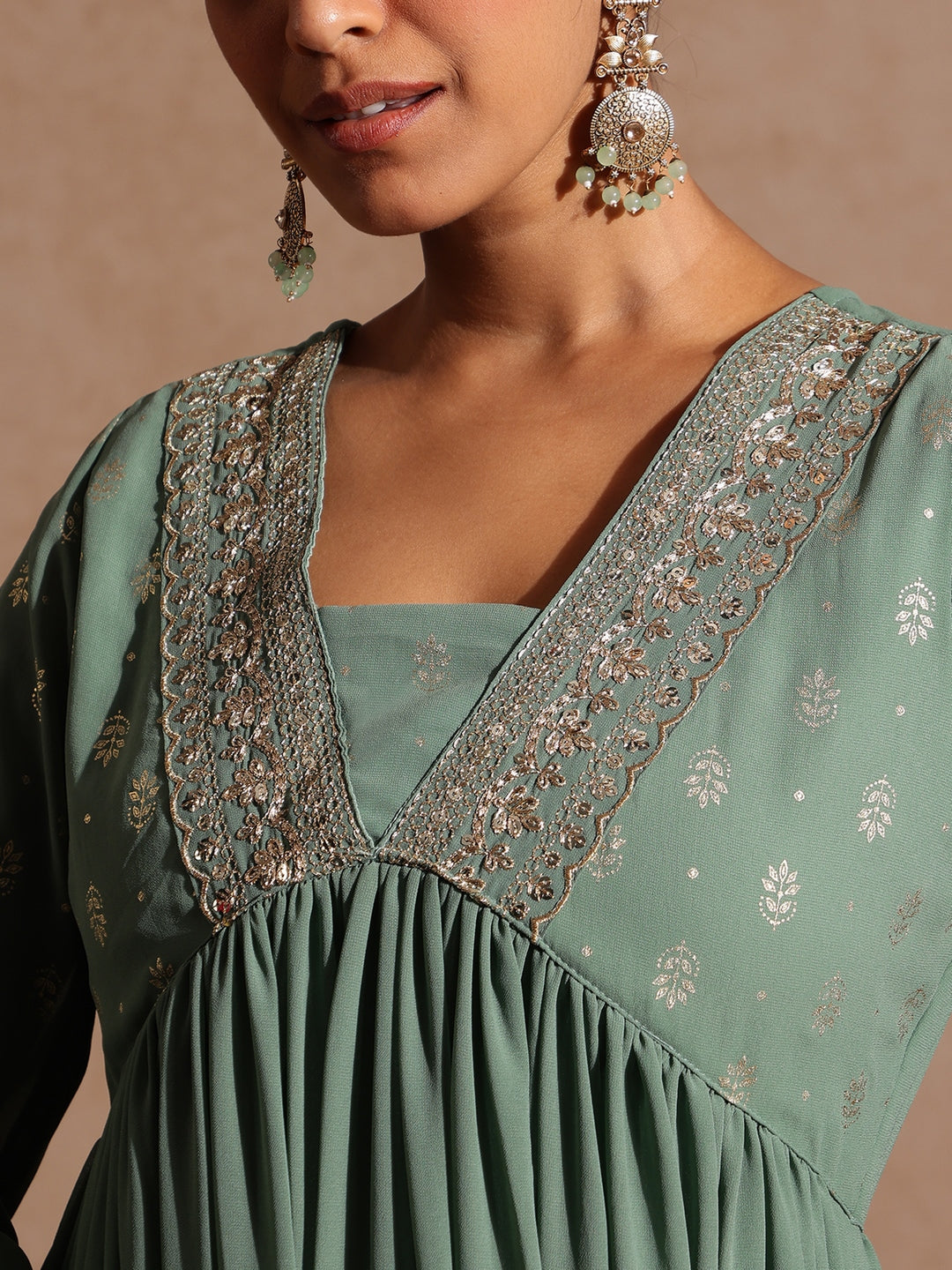 Janasya Women's Sage Green Georgette Embellished Foil Printed Gathered Kurta With Dupatta Set - qivii