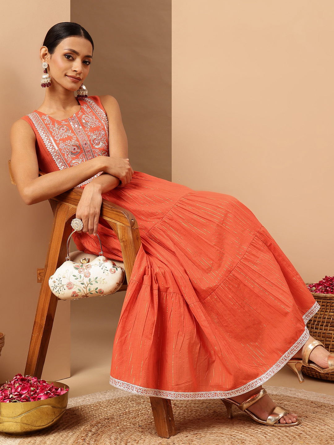 Janasya Women's Orange Pure Cotton Yoke Embroidered Tiered Kurta - qivii