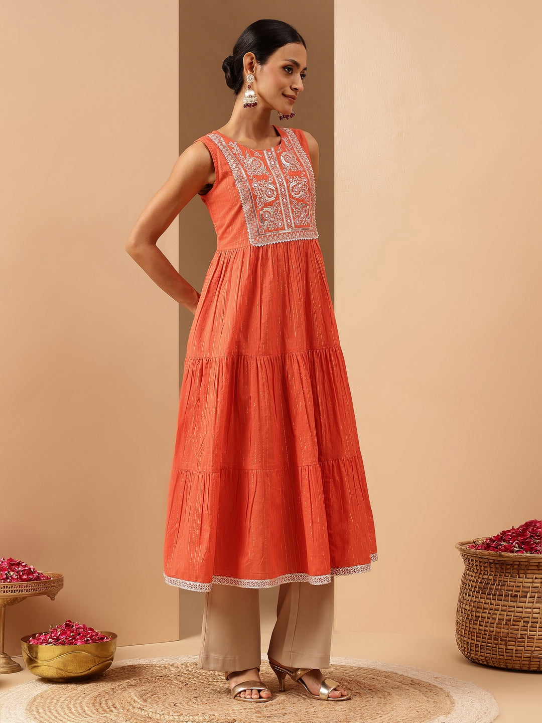 Janasya Women's Orange Pure Cotton Yoke Embroidered Tiered Kurta - qivii