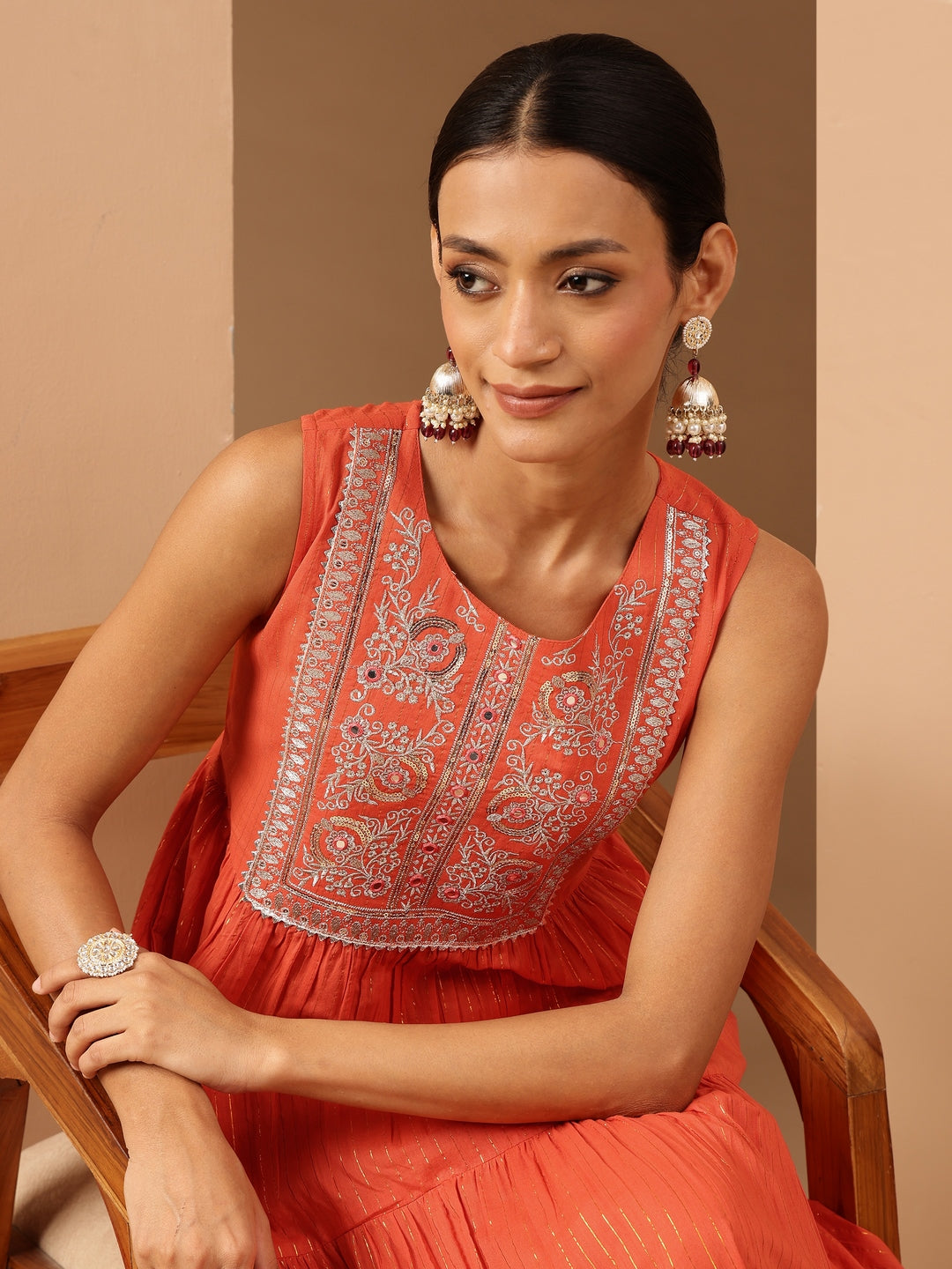 Janasya Women's Orange Pure Cotton Yoke Embroidered Tiered Kurta - qivii