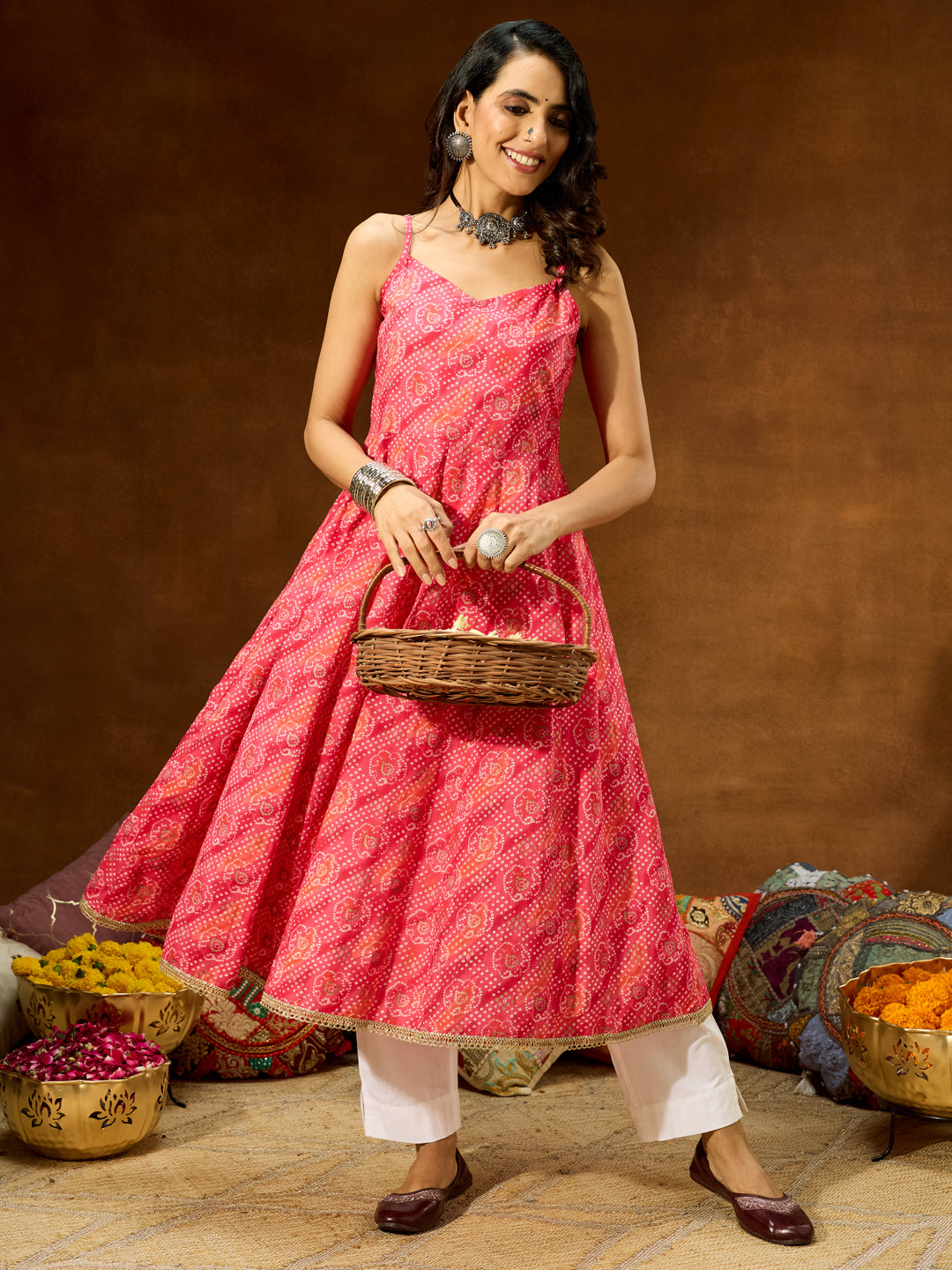 Janasya Women's Pink Pure Cotton Bandhani Printed Anarkali Kurta - qivii