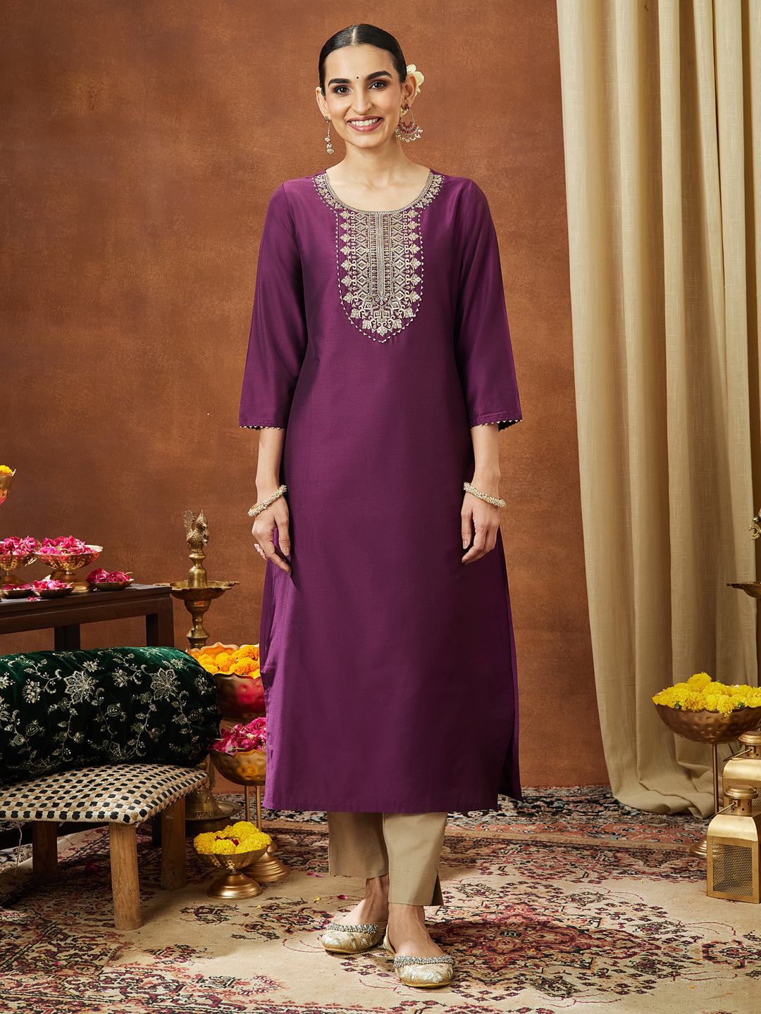 Janasya Women's Wine Chanderi Silk Zari Yoke Embroidered Straight Kurta - qivii