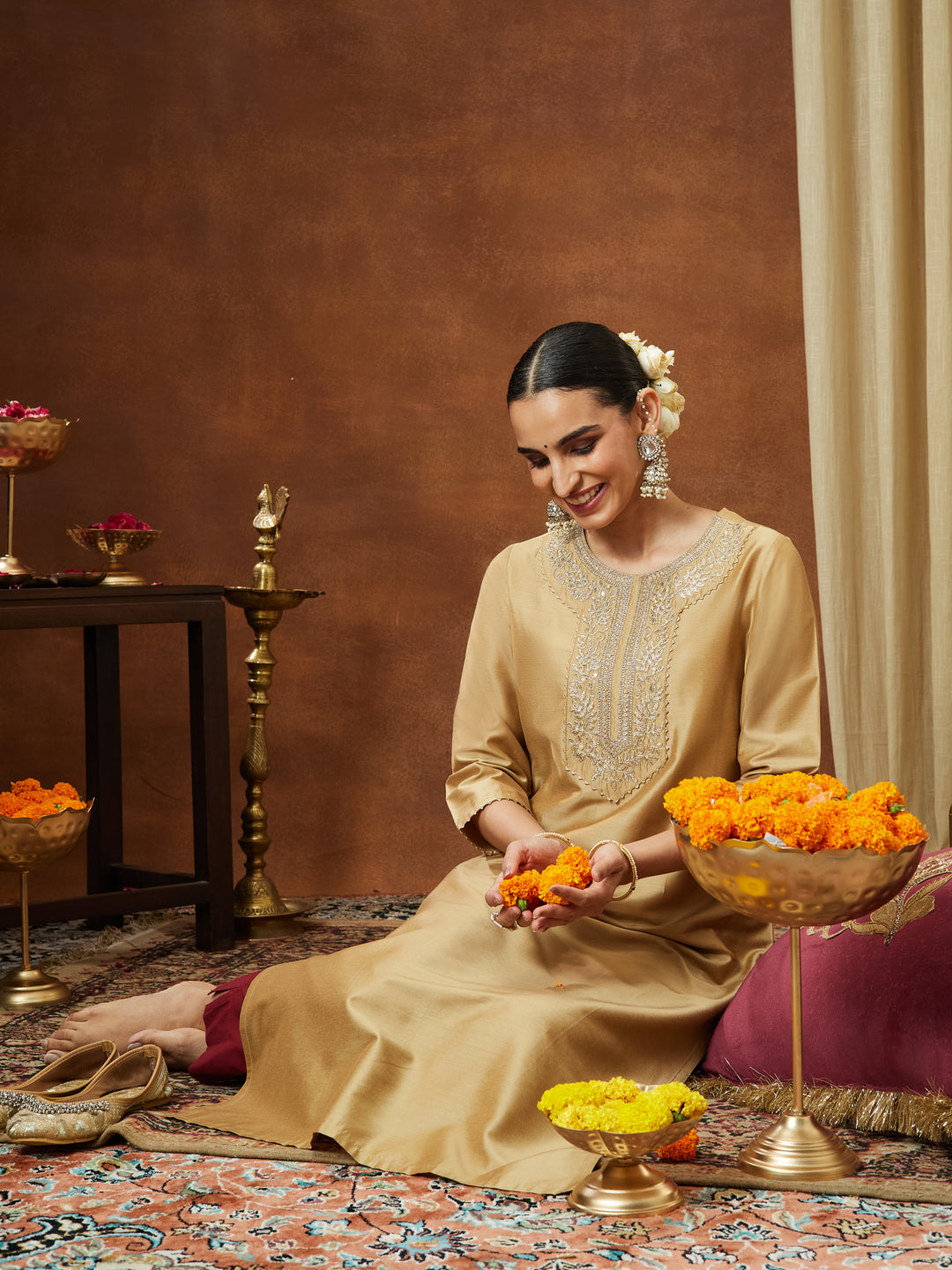 Janasya Women's Beige Chanderi Silk Zari Yoke Embroidered Straight Kurta - qivii